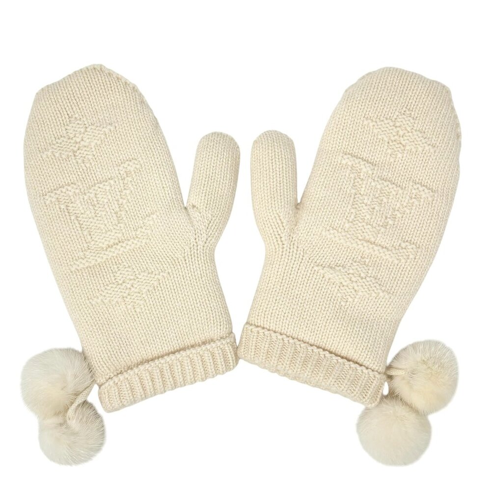 LOUIS VUITTON Vintage LV Logo Knit Gloves Mink Pompons  Cream Cashmere [103888] - Picture 4 of 10